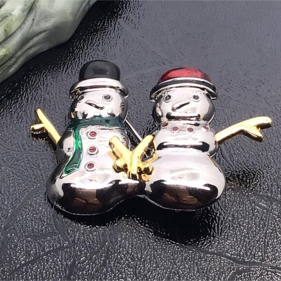 Vintage Liz Claiborne Snowman Couple Pin Brooch Gold & Silver Tone - Picture 4 of 5